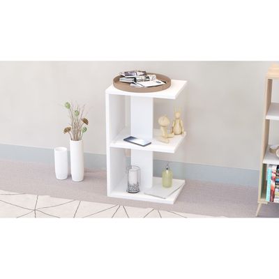 Mahmayi Modern E Shape Night Stand, Side End Table with 3 Open Storage Shelf - White 