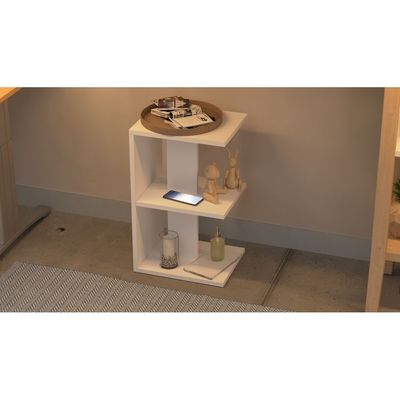 Mahmayi Modern E Shape Night Stand, Side End Table with 3 Open Storage Shelf - White 