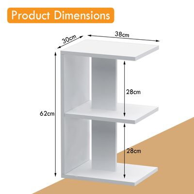 Mahmayi Modern E Shape Night Stand, Side End Table with 3 Open Storage Shelf - White 