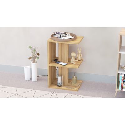 Mahmayi Modern E Shape Night Stand, Side End Table with Attached BS02 USB Charger Port and 3 Open Storage Shelf - Coco Bolo