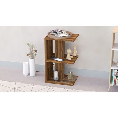 Mahmayi Modern E Shape Night Stand, Side End Table with Attached BS02 USB Charger Port and 3 Open Storage Shelf - Dark Hunton Oak
