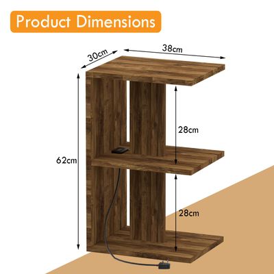 Mahmayi Modern E Shape Night Stand, Side End Table with Attached BS02 USB Charger Port and 3 Open Storage Shelf - Dark Hunton Oak