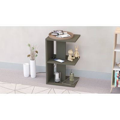 Mahmayi Modern E Shape Night Stand, Side End Table with Attached BS02 USB Charger Port and 3 Open Storage Shelf - Lava Grey 