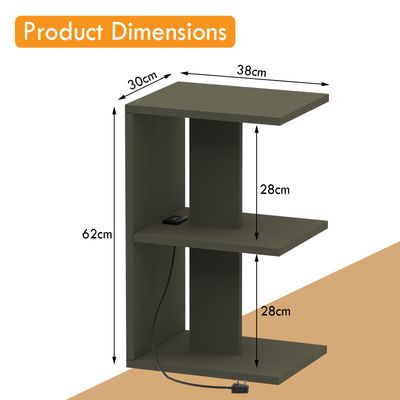 Mahmayi Modern E Shape Night Stand, Side End Table with Attached BS02 USB Charger Port and 3 Open Storage Shelf - Lava Grey 