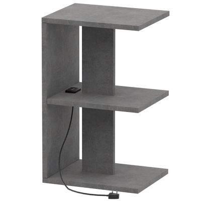Mahmayi Modern E Shape Night Stand, Side End Table with Attached BS02 USB Charger Port and 3 Open Storage Shelf - Metal Fabric Anthracite 