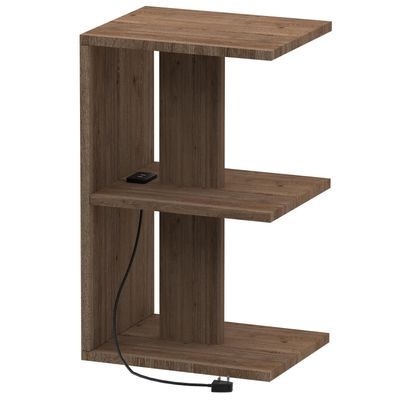 Mahmayi Modern E Shape Night Stand, Side End Table with Attached BS02 USB Charger Port and 3 Open Storage Shelf - Truffle Davos Oak 