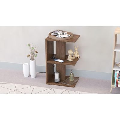 Mahmayi Modern E Shape Night Stand, Side End Table with Attached BS02 USB Charger Port and 3 Open Storage Shelf - Truffle Davos Oak 