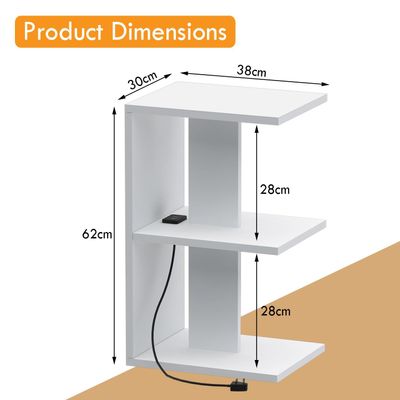 Mahmayi Modern E Shape Night Stand, Side End Table with Attached BS02 USB Charger Port and 3 Open Storage Shelf - White 