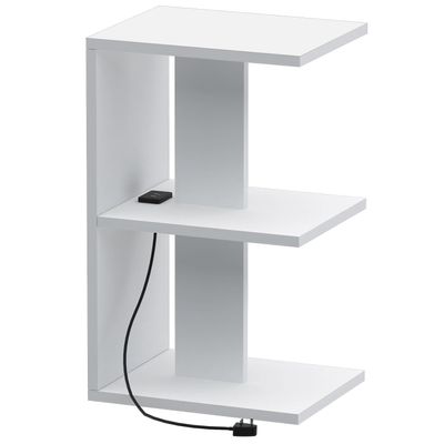 Mahmayi Modern E Shape Night Stand, Side End Table with Attached BS02 USB Charger Port and 3 Open Storage Shelf - White 