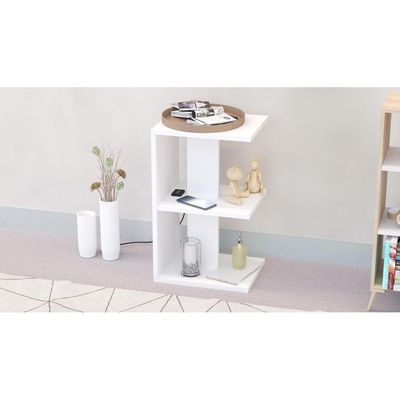 Mahmayi Modern E Shape Night Stand, Side End Table with Attached BS02 USB Charger Port and 3 Open Storage Shelf - White 