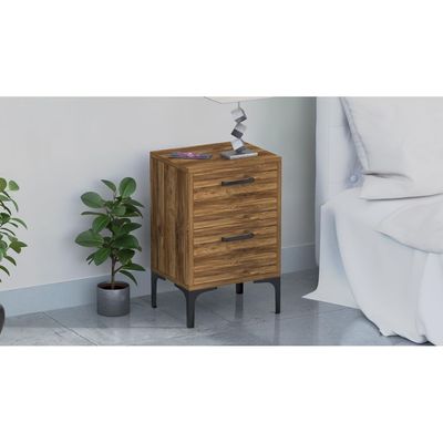 Mahmayi Modern Night Stand, Side End Table with 2 Storage Drawers - Dark Hunton Oak