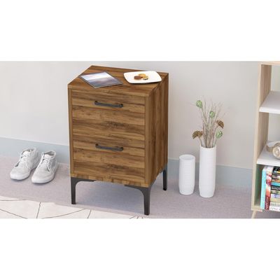 Mahmayi Modern Night Stand, Side End Table with 2 Storage Drawers - Dark Hunton Oak