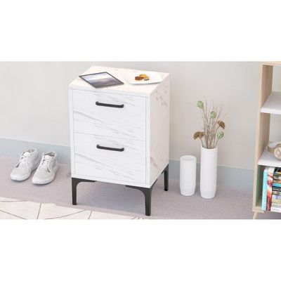 Mahmayi Modern Night Stand, Side End Table with 2 Storage Drawers - White Levento Marble 