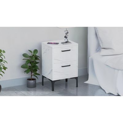 Mahmayi Modern Night Stand, Side End Table with 2 Storage Drawers - White Levento Marble 