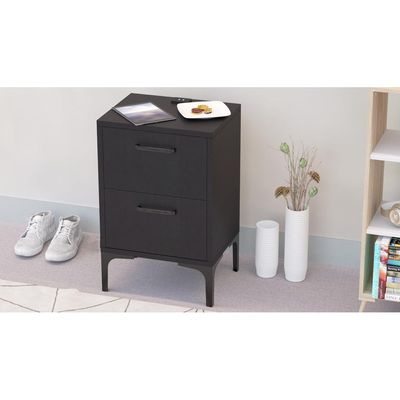 Mahmayi Modern Night Stand, Side End Table with Attached BS02 USB Charger Port and 2 Storage Drawers - Black 