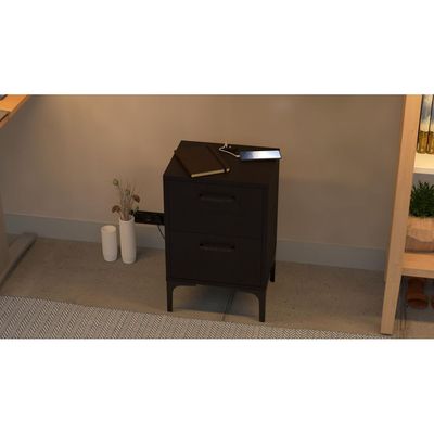 Mahmayi Modern Night Stand, Side End Table with Attached BS02 USB Charger Port and 2 Storage Drawers - Black 