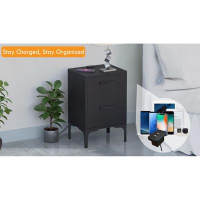 Mahmayi Modern Night Stand, Side End Table with Attached BS02 USB Charger Port and 2 Storage Drawers - Black 