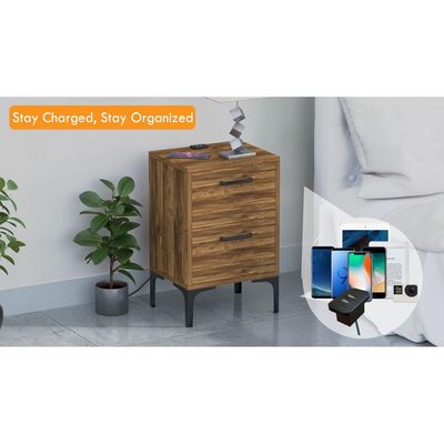 Mahmayi Modern Night Stand, Side End Table with Attached BS02 USB Charger Port and 2 Storage Drawers - Dark Hunton Oak 