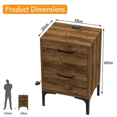 Mahmayi Modern Night Stand, Side End Table with Attached BS02 USB Charger Port and 2 Storage Drawers - Dark Hunton Oak 