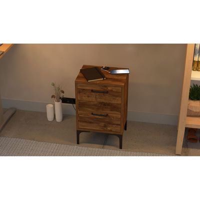 Mahmayi Modern Night Stand, Side End Table with Attached BS02 USB Charger Port and 2 Storage Drawers - Dark Hunton Oak 