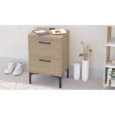 Mahmayi Modern Night Stand, Side End Table with Attached BS02 USB Charger Port and 2 Storage Drawers - Grey Bardilano Oak