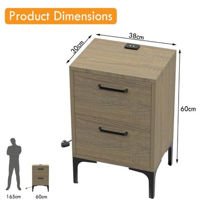 Mahmayi Modern Night Stand, Side End Table with Attached BS02 USB Charger Port and 2 Storage Drawers - Grey Bardilano Oak