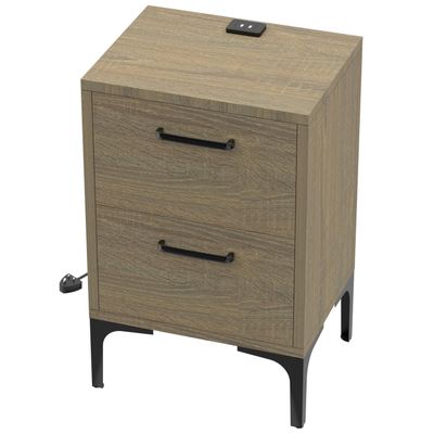 Mahmayi Modern Night Stand, Side End Table with Attached BS02 USB Charger Port and 2 Storage Drawers - Grey Bardilano Oak