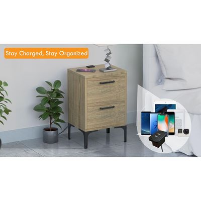 Mahmayi Modern Night Stand, Side End Table with Attached BS02 USB Charger Port and 2 Storage Drawers - Grey Bardilano Oak