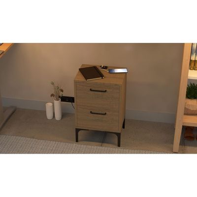 Mahmayi Modern Night Stand, Side End Table with Attached BS02 USB Charger Port and 2 Storage Drawers - Grey Bardilano Oak