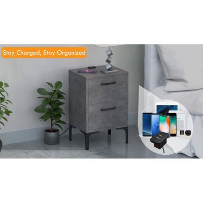 Mahmayi Modern Night Stand, Side End Table with Attached BS02 USB Charger Port and 2 Storage Drawers - Metal Fabric Anthracite