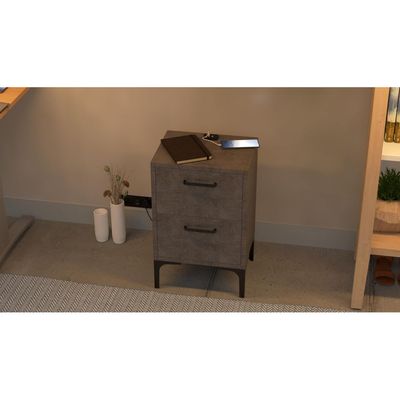 Mahmayi Modern Night Stand, Side End Table with Attached BS02 USB Charger Port and 2 Storage Drawers - Metal Fabric Anthracite