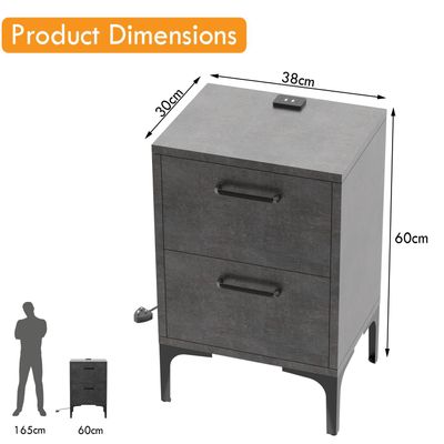 Mahmayi Modern Night Stand, Side End Table with Attached BS02 USB Charger Port and 2 Storage Drawers - Metal Fabric Anthracite