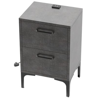 Mahmayi Modern Night Stand, Side End Table with Attached BS02 USB Charger Port and 2 Storage Drawers - Metal Fabric Anthracite