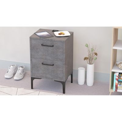 Mahmayi Modern Night Stand, Side End Table with Attached BS02 USB Charger Port and 2 Storage Drawers - Metal Fabric Anthracite