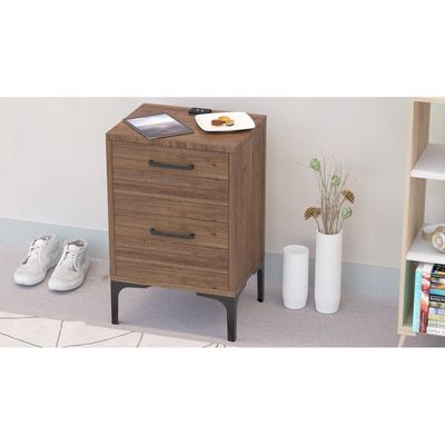Mahmayi Modern Night Stand, Side End Table with Attached BS02 USB Charger Port and 2 Storage Drawers - Truffle Davos Oak 