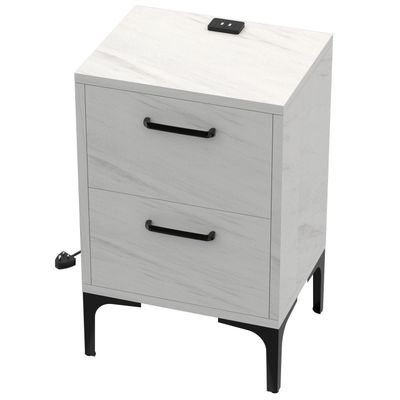 Mahmayi Modern Night Stand, Side End Table with Attached BS02 USB Charger Port and 2 Storage Drawers - White Levento Marble 