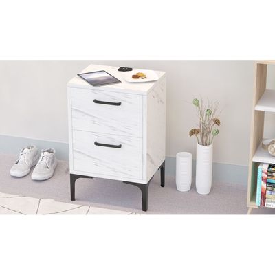Mahmayi Modern Night Stand, Side End Table with Attached BS02 USB Charger Port and 2 Storage Drawers - White Levento Marble 