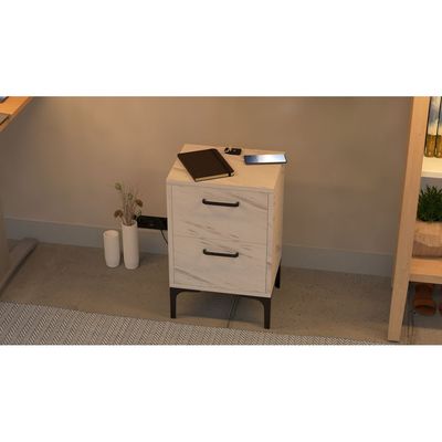 Mahmayi Modern Night Stand, Side End Table with Attached BS02 USB Charger Port and 2 Storage Drawers - White Levento Marble 