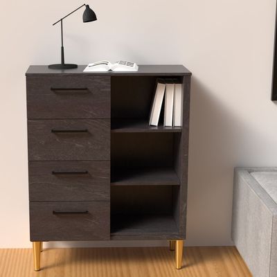Mahmayi Modern Wooden Chest of Drawer with 4 Drawers and 3 Open Storage Shelf Cabinet for Living Room, Bedroom, Home Office, Entryway - Anthracite Jura Slate