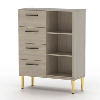 Mahmayi Modern Wooden Chest of Drawer with 4 Drawers and 3 Open Storage Shelf Cabinet for Living Room, Bedroom, Home Office, Entryway - Beige Grey Lorenzo Oak