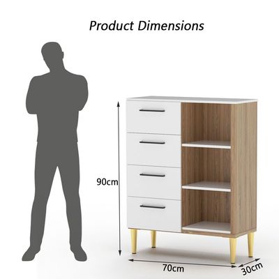 Mahmayi Modern Wooden Chest of Drawer with 4 Drawers and 3 Open Storage Shelf Cabinet for Living Room, Bedroom, Home Office, Entryway - Premium White and Brown Kansas Oak