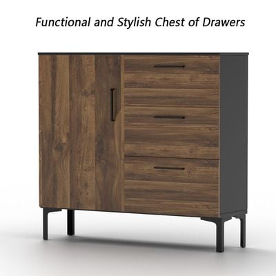 Mahmayi Modern Wooden Chest of Drawer with 3 Drawers and 1 Door Storage Shelf Cabinet for Living Room, Bedroom, Home Office, Entryway - Dark Hunton Oak and Black