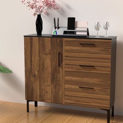 Mahmayi Modern Wooden Chest of Drawer with 3 Drawers and 1 Door Storage Shelf Cabinet for Living Room, Bedroom, Home Office, Entryway - Dark Hunton Oak and Black