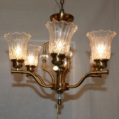  6-light Gold Plated Brass and Glass Chandelier,