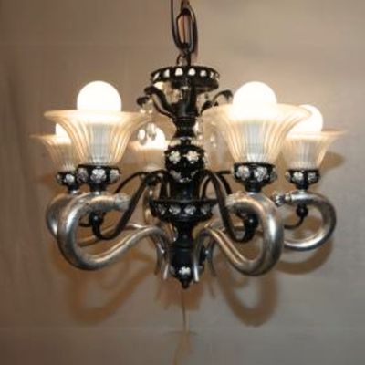  Antique 6-light Gold Plated Brass and Glass Chandelier,