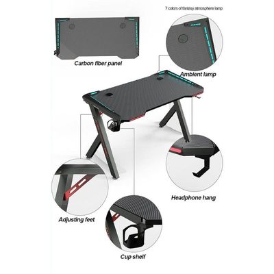 Sulsha Gaming Desk,Ergonomic Computer and Gaming Table Y Shaped for Pc, Workstation, Home, Office with LED Lights Carbon Fiber Surface,Cup Holder and Headphone Hook,120×60×75cm