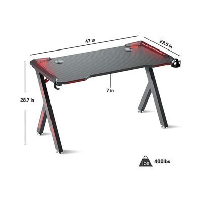 Sulsha Gaming Desk,Ergonomic Computer and Gaming Table Y Shaped for Pc, Workstation, Home, Office with LED Lights Carbon Fiber Surface,Cup Holder and Headphone Hook,120Ã—60Ã—75cm