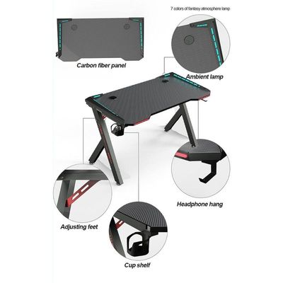 Sulsha Gaming Desk,Ergonomic Computer and Gaming Table Y Shaped for Pc, Workstation, Home, Office with LED Lights Carbon Fiber Surface,Cup Holder and Headphone Hook,120Ã—60Ã—75cm
