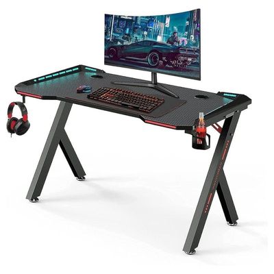 Sulsha Gaming Desk,Ergonomic Computer and Gaming Table Y Shaped for Pc, Workstation, Home, Office with LED Lights Carbon Fiber Surface,Cup Holder and Headphone Hook,120Ã—60Ã—75cm