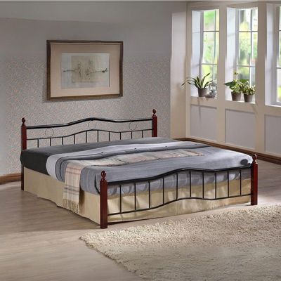  Wood And Steel Bed  KING Size 190x180 With Wooden Legs Cherry Brown 